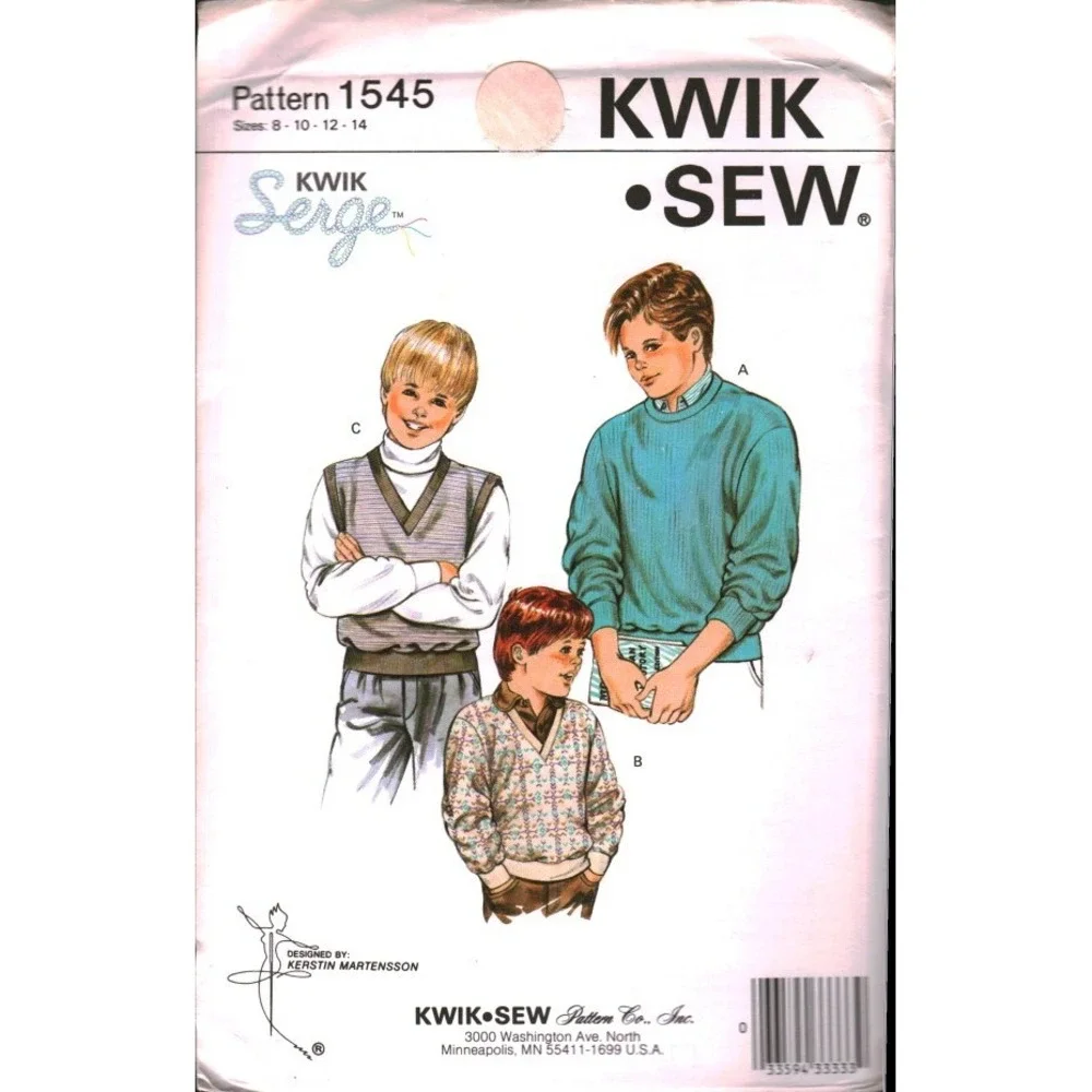 Kwik Sew 1545 Boys Sweater Vest Pattern Kerstin Martensson Sizes 8-14 Vintage